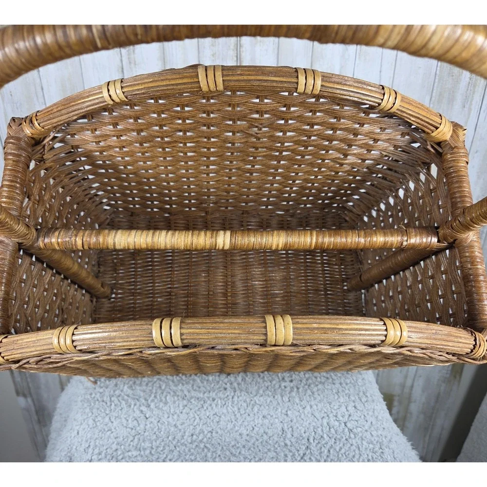 Vtg Divided Woven Wicker Storage Basket Rack Magazines Records Cottagecore Boho